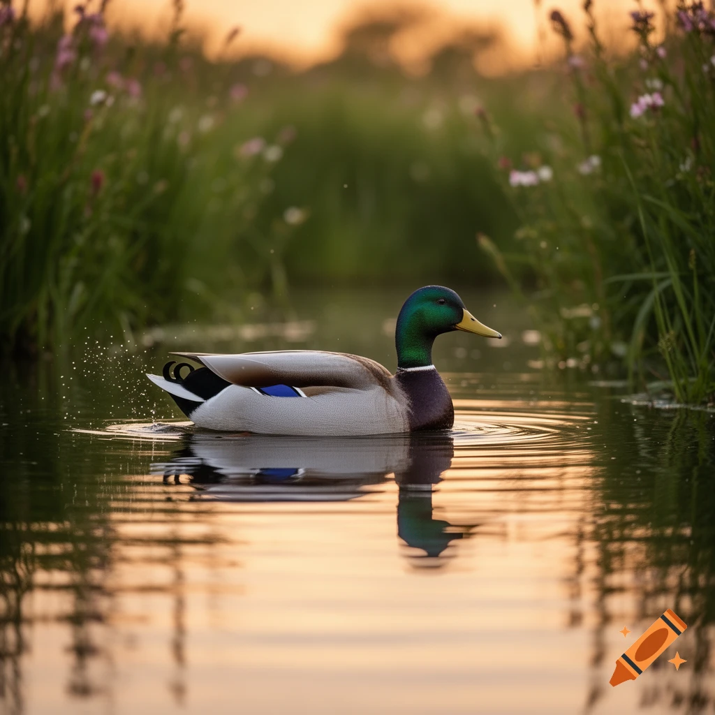 A mallard duck with a green head and brown body swims in a tranquil pond at sunset, with reflections on the water.