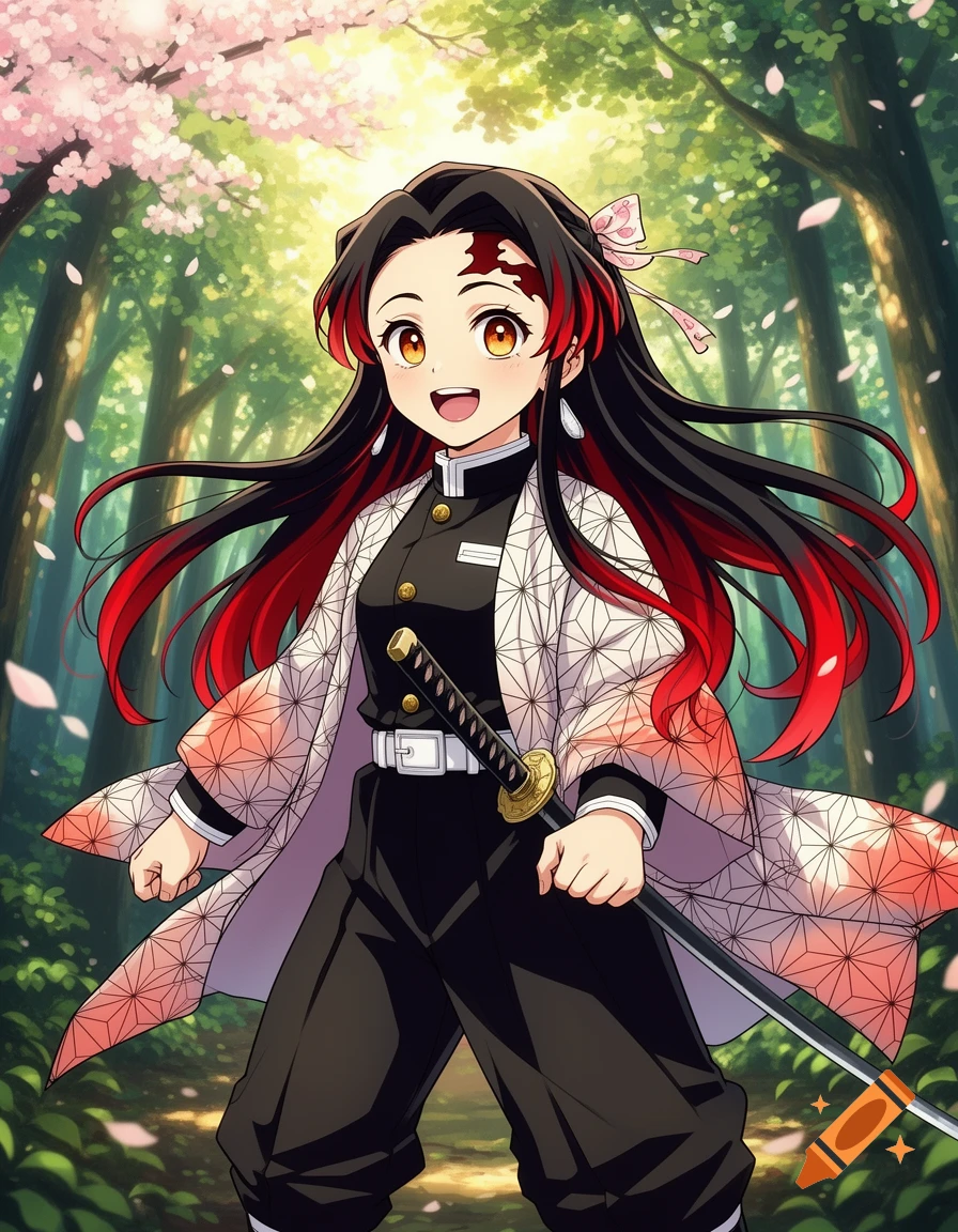 An enthusiastic anime girl with long black and red hair, wearing a Demon Slayer uniform and a white and pink patterned haori, stands in a sunlit forest with cherry blossoms while holding a katana.
