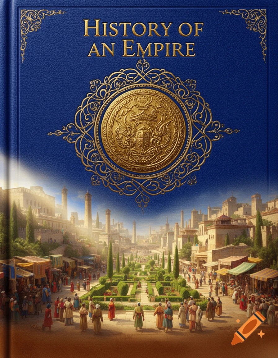 A blue book cover titled "History of an Empire" with gold ornate designs, above a bustling ancient city with markets and gardens.