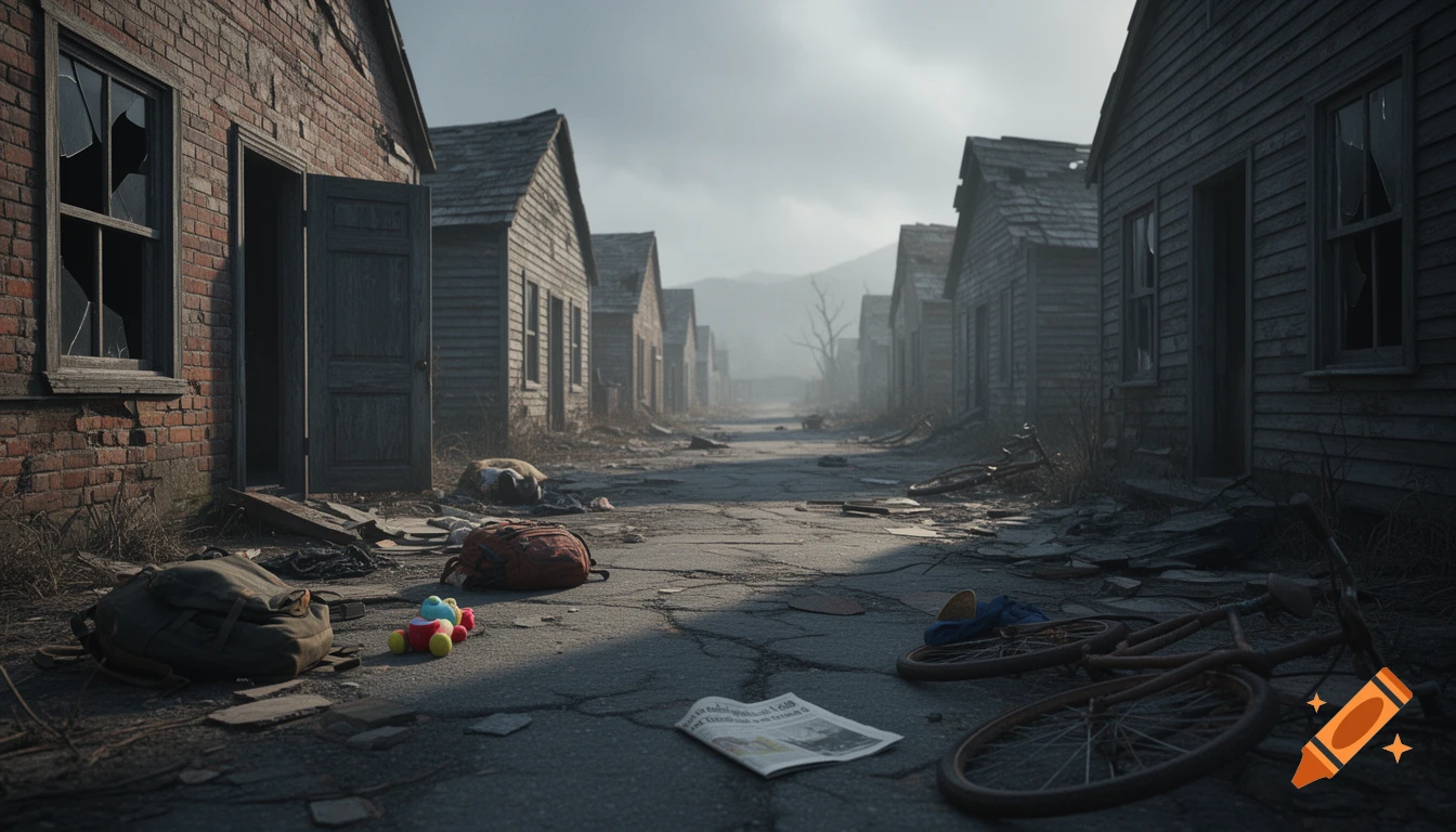 A post-apocalyptic street lined with abandoned, dilapidated houses. Debris, backpacks, a toy, bicycle, and newspaper litter the cracked road under a hazy sky.