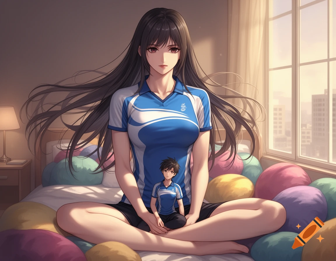 An anime giantess in a blue sports shirt sits cross-legged on a bed, looking at a tiny man held between her knees, in a bright room.