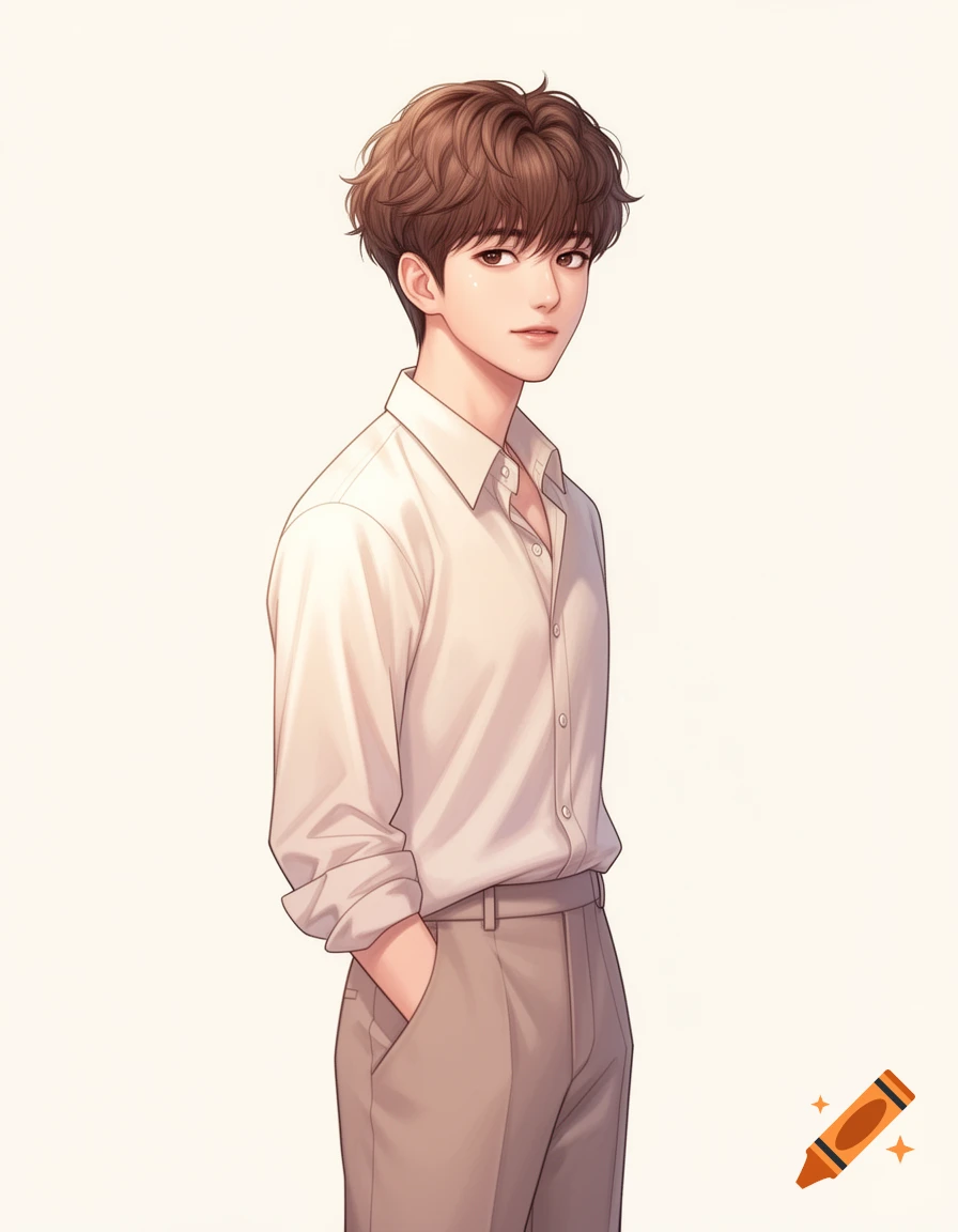 Anime-style illustration of a handsome young man with fluffy brown hair, wearing a white shirt and beige pants, with one hand in his pocket.