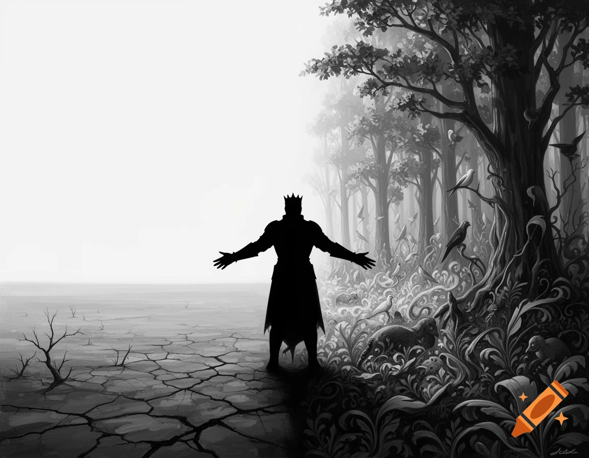 Black and white silhouette of a crowned king with outstretched arms, standing between a desolate cracked land and a lush, lively forest.