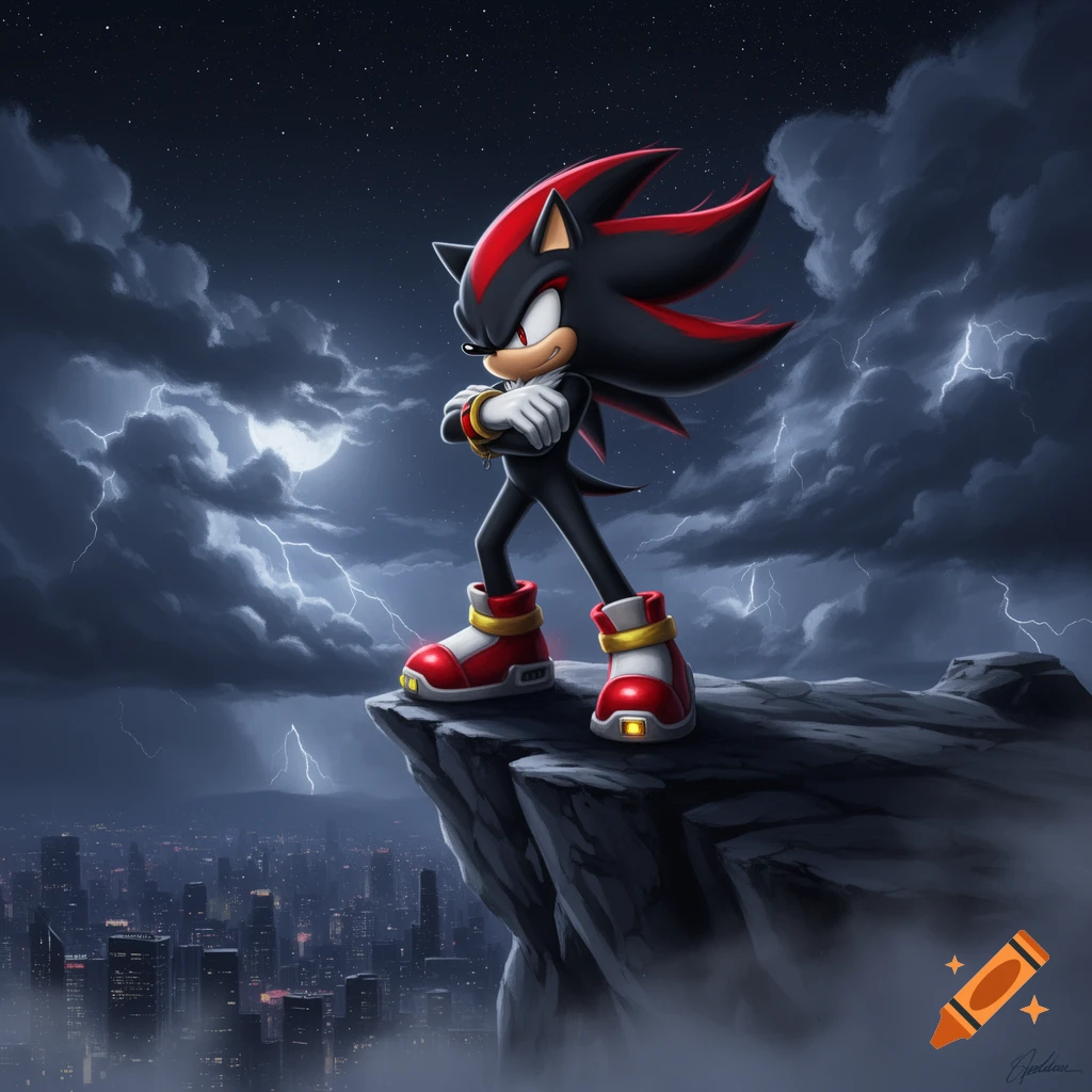Shadow the Hedgehog stands on a cliff overlooking a city at night ...