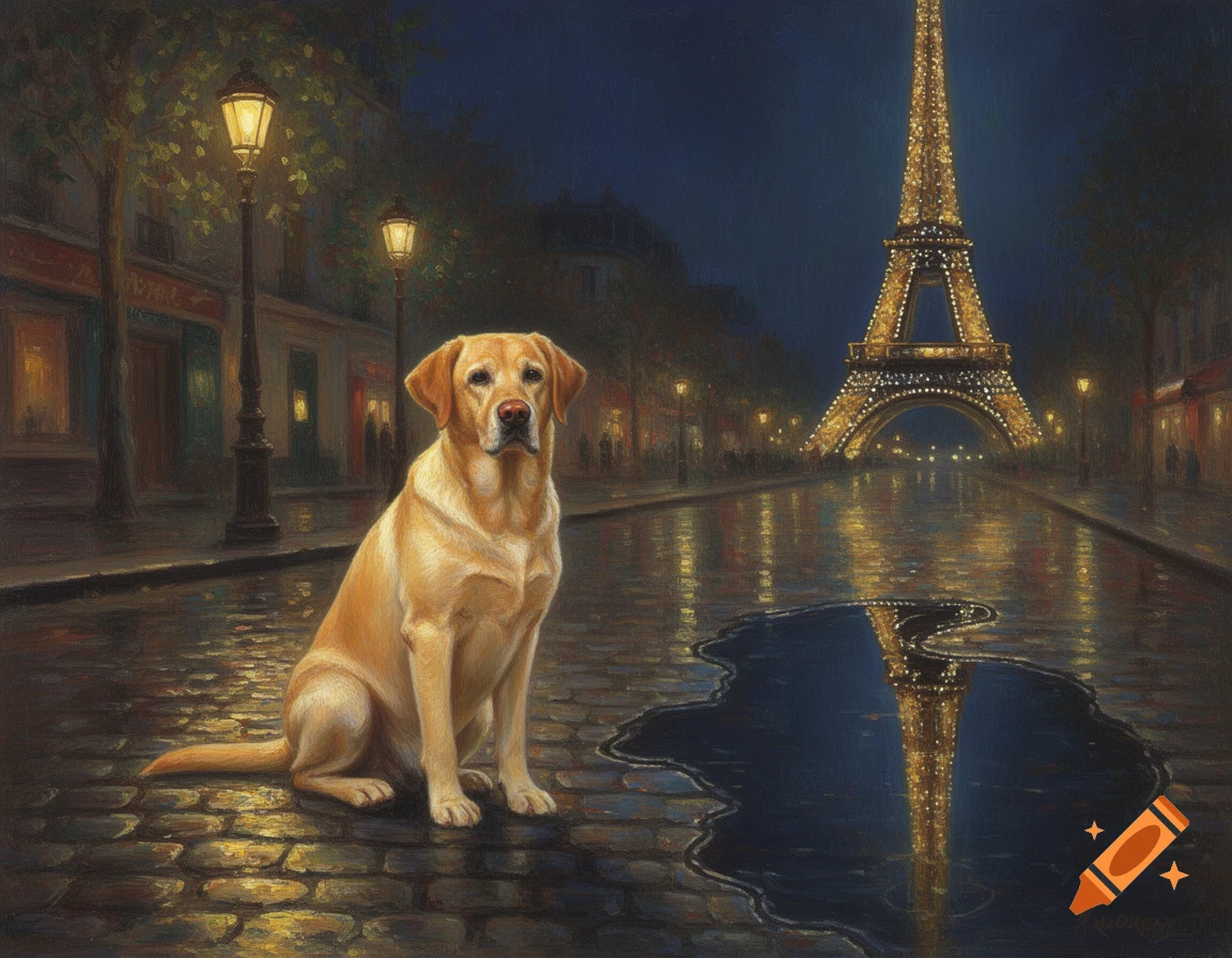 An impressionistic painting of a yellow Labrador sitting on a wet cobblestone street at night, with the illuminated Eiffel Tower reflected in a puddle.
