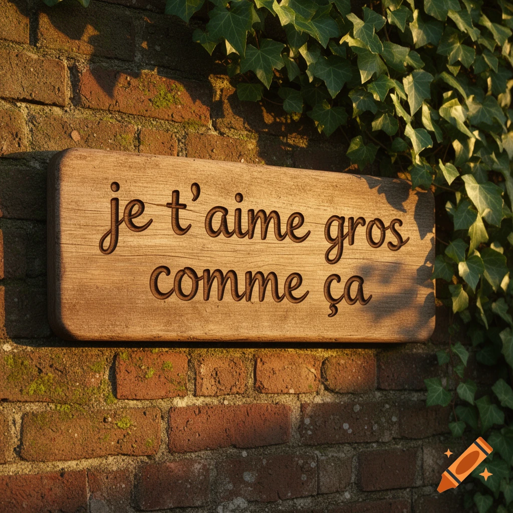 A wooden sign carved with the French phrase "je t'aime gros comme ça" (I love you this much) hangs on a brick wall with green ivy.