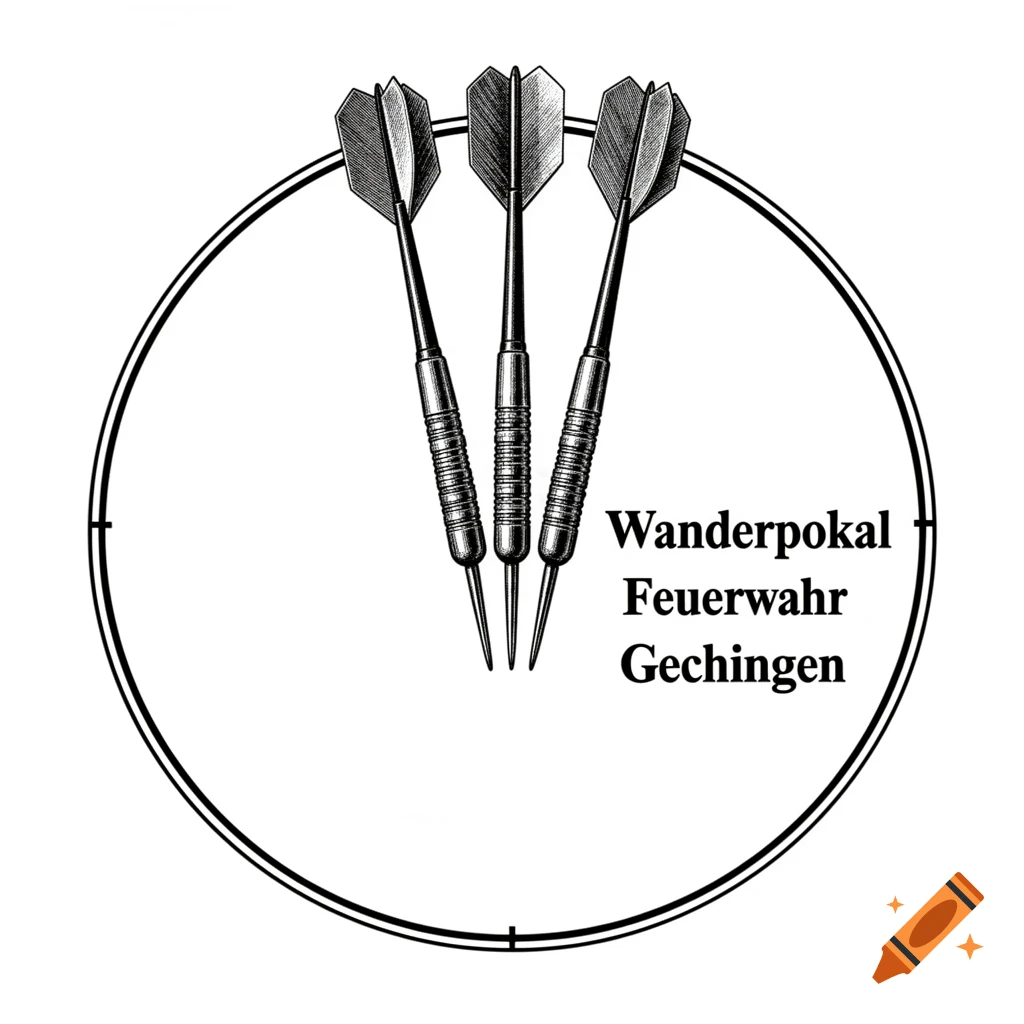 Black and white engraving-style illustration of three darts within a double-lined circle, with text 'Wanderpokal Feuerwehr Gechingen'.