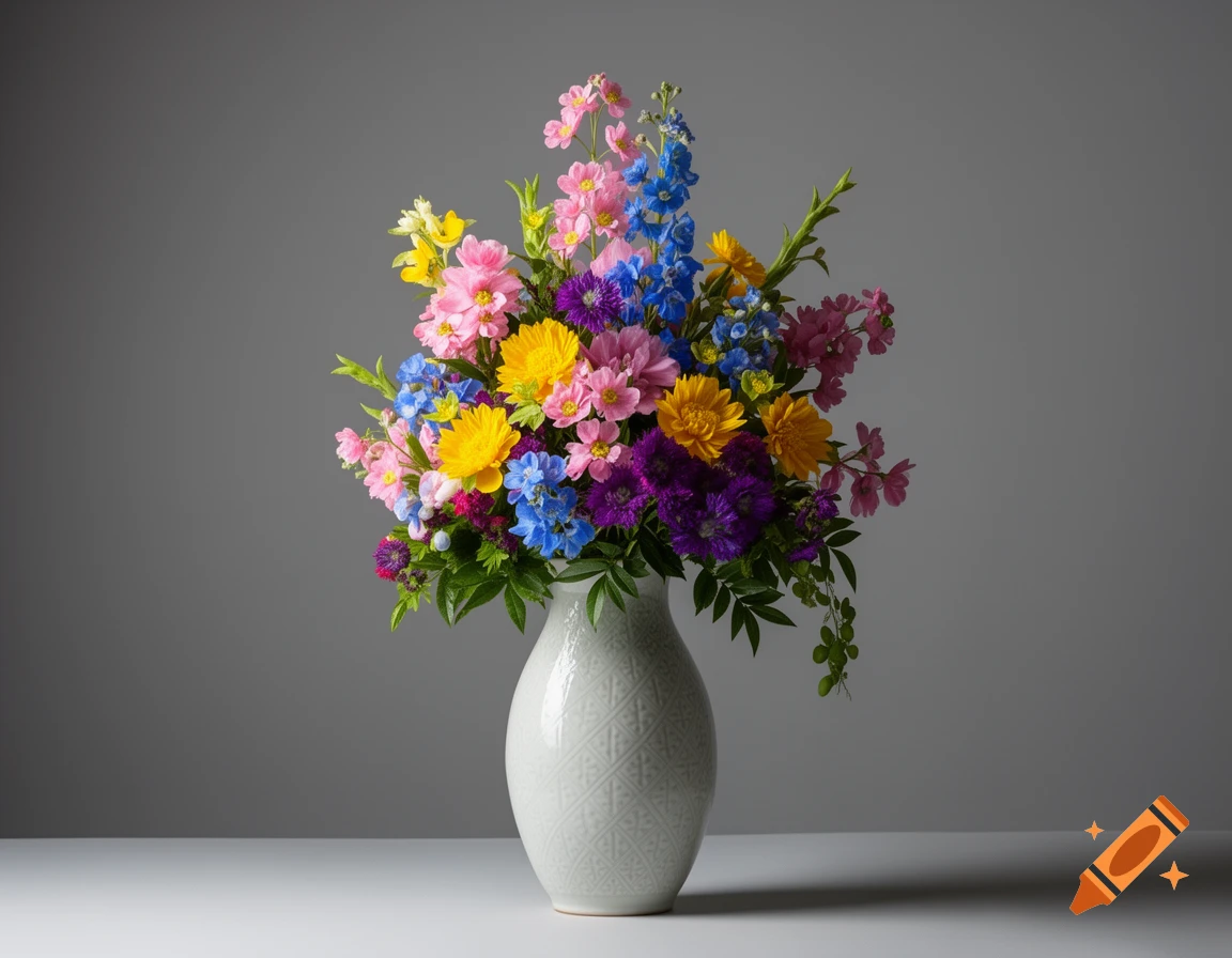 A vibrant bouquet of colorful flowers in a patterned white vase on a white table against a gray background.