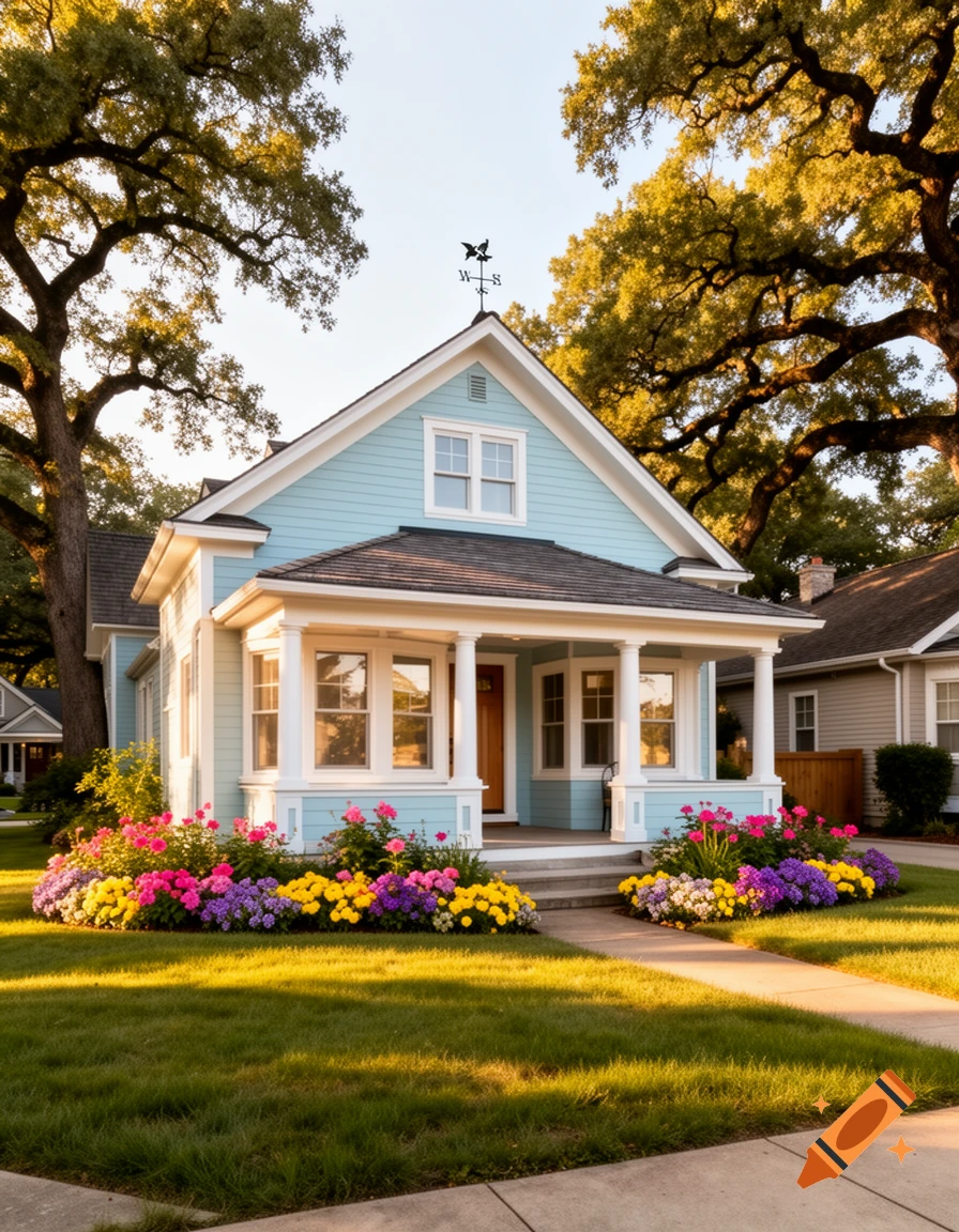 A light blue house with a covered porch, vibrant flower beds, and a green lawn under golden light, framed by large trees.