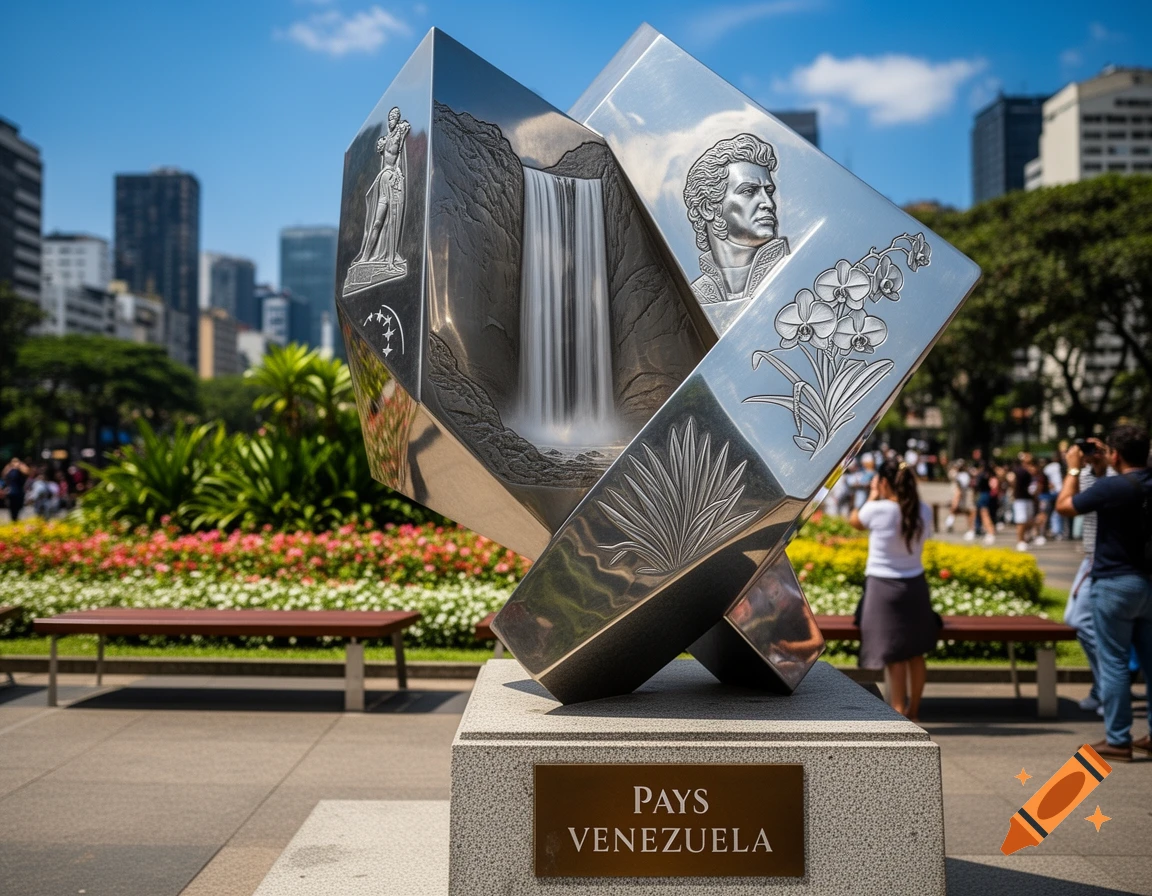 A modern metallic sculpture depicting a waterfall, a figure, a man's bust, and orchids, on a base labeled PAYS VENEZUELA in a sunny urban park, photorealistic.