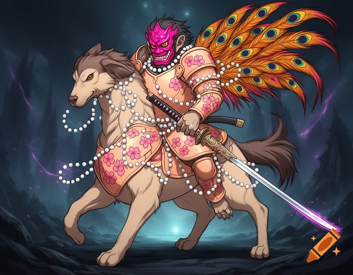 Fantasy monster warrior with a pink Oni mask, peach armor, dog legs, monkey hands, and colorful peacock-like wings, holding a katana.