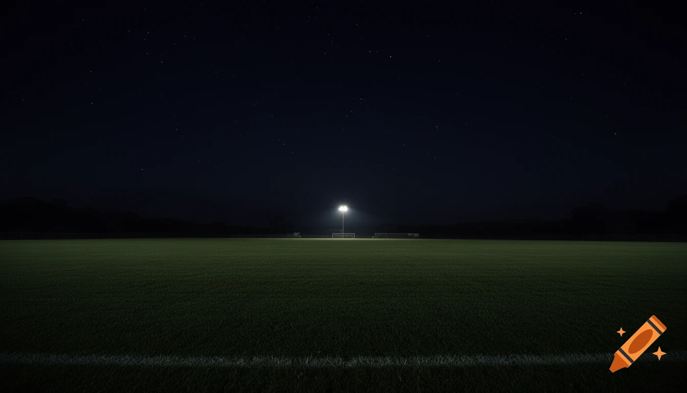 A vast green football field at night under a starry sky, with a single floodlight illuminating a distant goal.