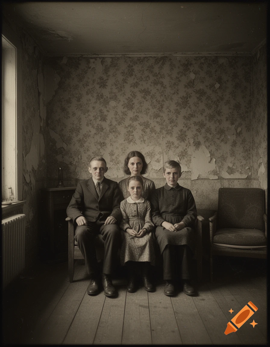 Sepia-toned portrait of a family of four, including a man, woman, and two children, in a dilapidated room with peeling wallpaper, all with subtly distorted and uncanny expressions.