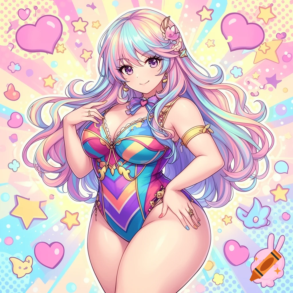A smiling anime girl with long pastel rainbow hair in a colorful swimsuit, against a whimsical background with hearts and stars.