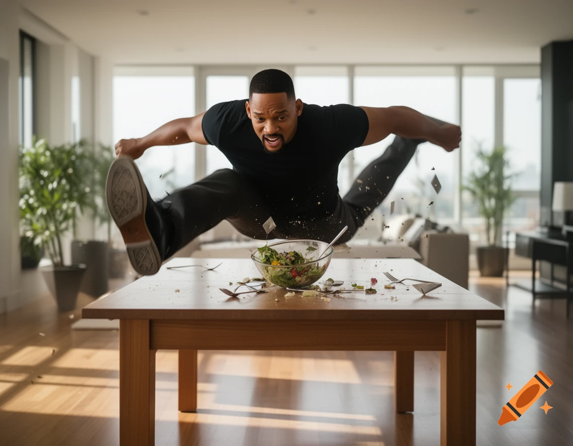 Will Smith in a black shirt jumps over a table, scattering a salad and cutlery in a bright, modern room.