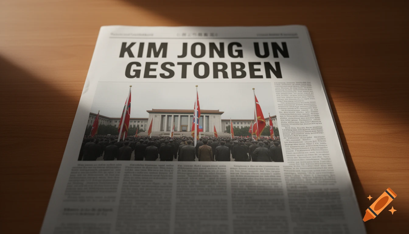 A close-up of a newspaper with the headline "KIM JONG UN GESTORBEN" (Kim Jong Un Dead) above a photo of a large crowd in front of a building with flags.
