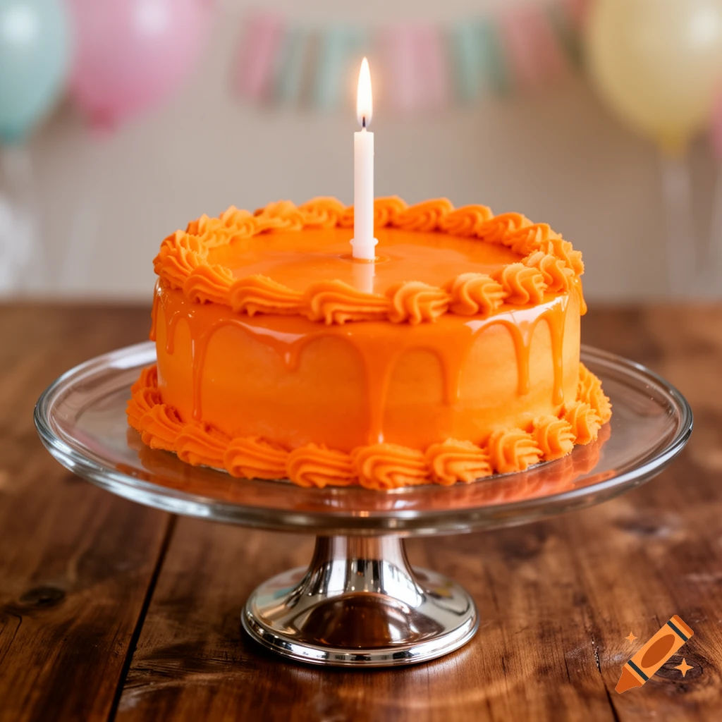 An orange birthday cake with a lit candle on a glass stand, with blurred party decorations in the background.