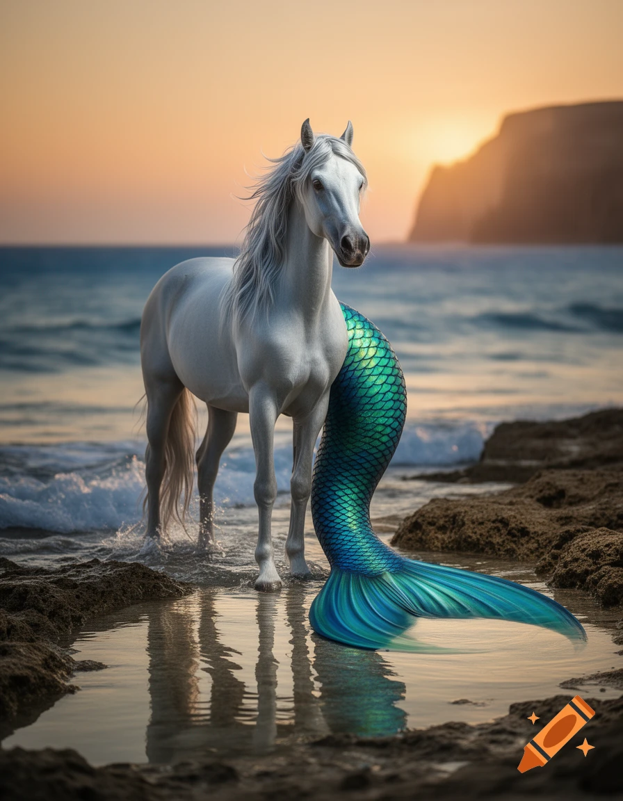 A white horse with a green and blue mermaid tail stands in shallow water on a rocky beach at sunset, photorealistic style.