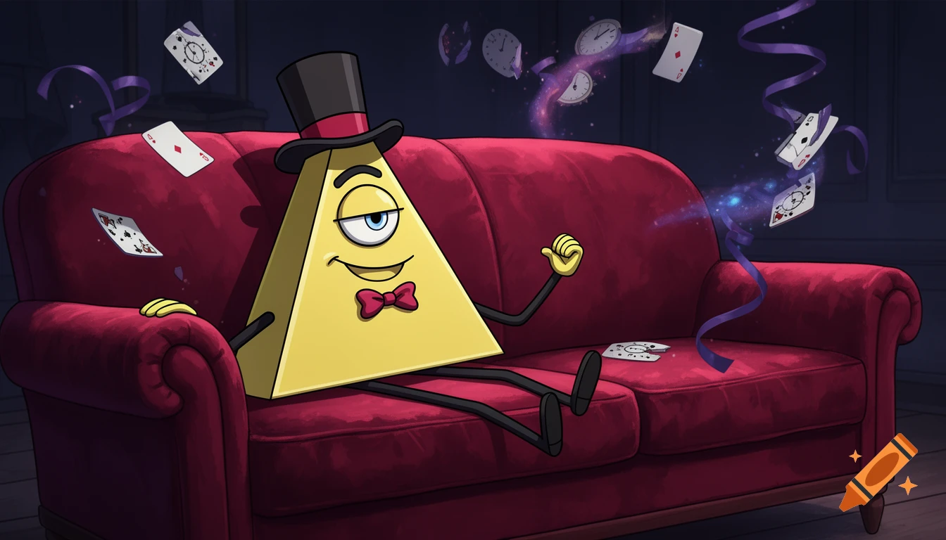 Bill Cipher, a yellow triangle with a top hat and bowtie, lounges on a red couch as playing cards and clocks float around him, in a cartoon style.