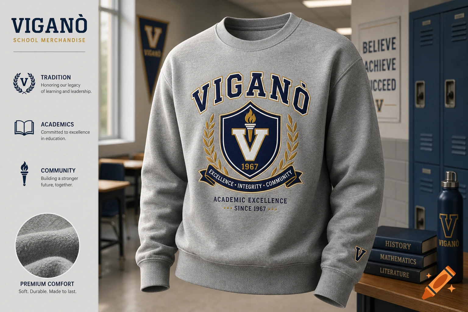 Grey school sweatshirt with the Viganò crest logo, displayed with school books and a water bottle in a classroom setting.