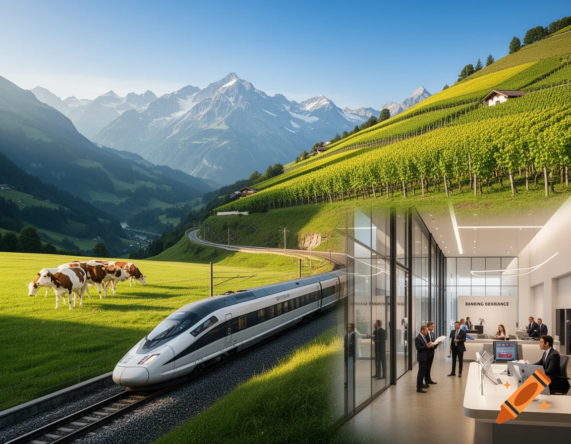 A composite image showing a high-speed train, cows grazing in a lush mountain valley, and a modern office interior with people working.