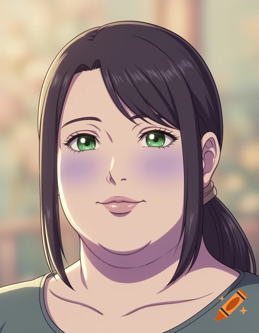 Anime portrait of a smiling woman with dark shoulder-length hair tied in a ponytail, green eyes, and blush.