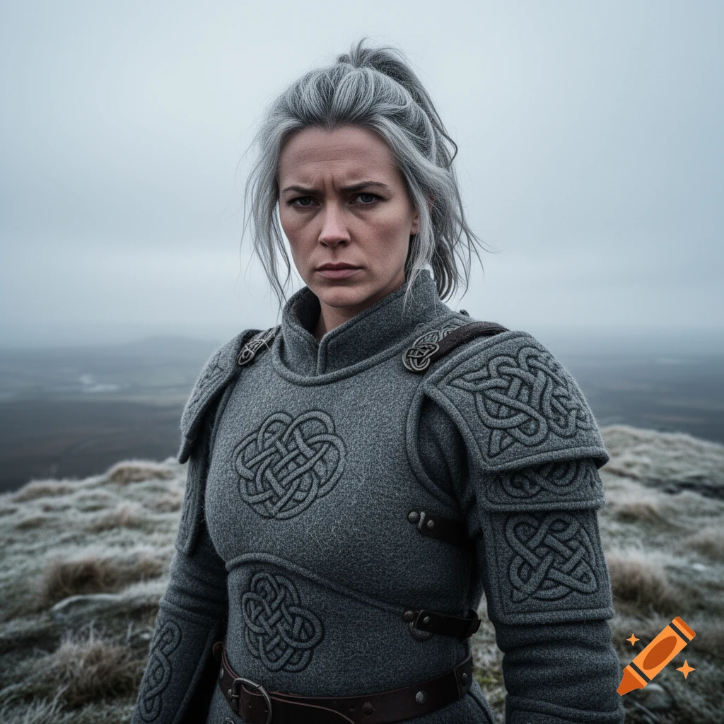 A stern-faced female warrior with grey hair tied in a ponytail wears grey wool armor with Celtic knot patterns, standing on a misty, frosty hill.