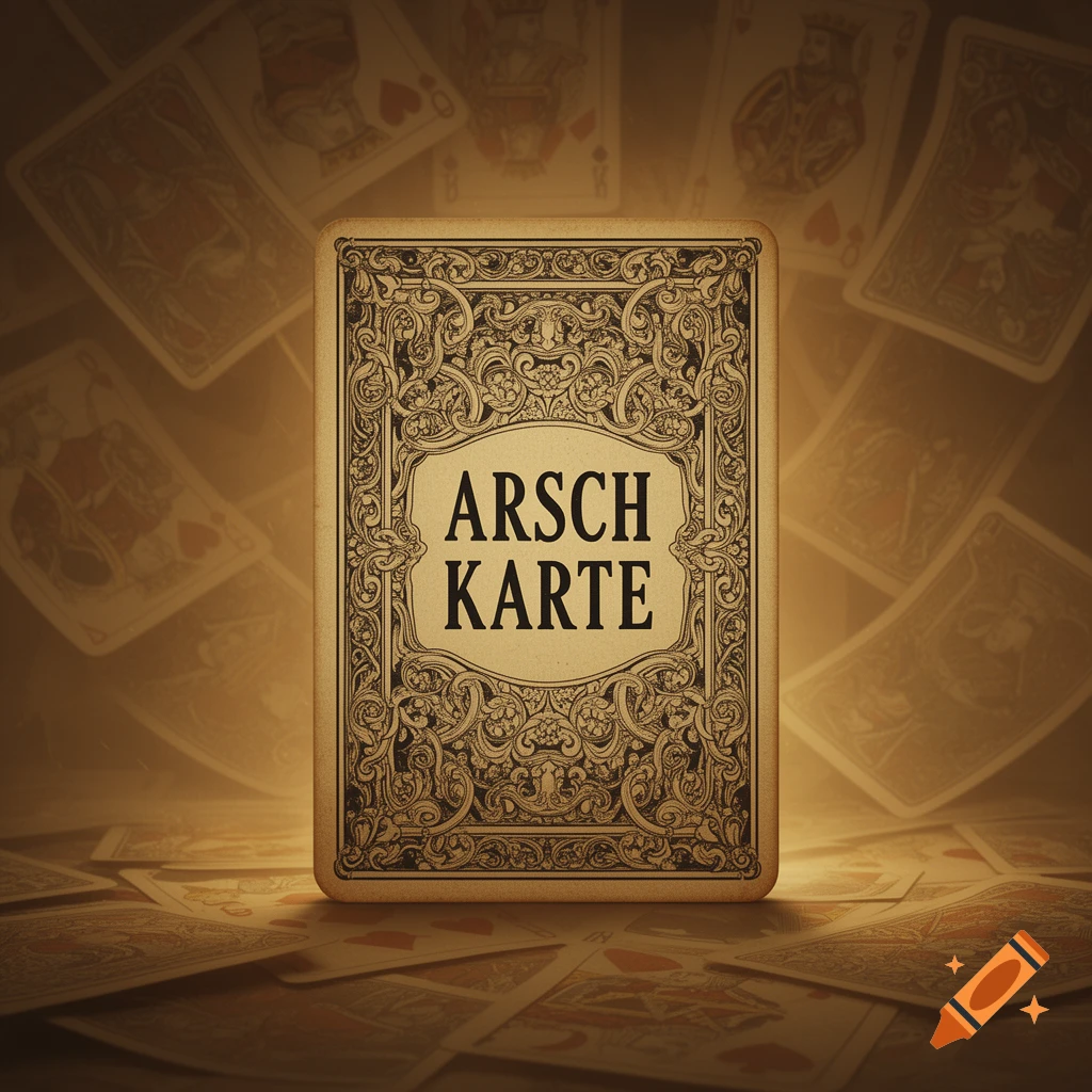 A vintage-style playing card with intricate designs and the German text 'ARSCH KARTE' in the center, surrounded by other faded playing cards.