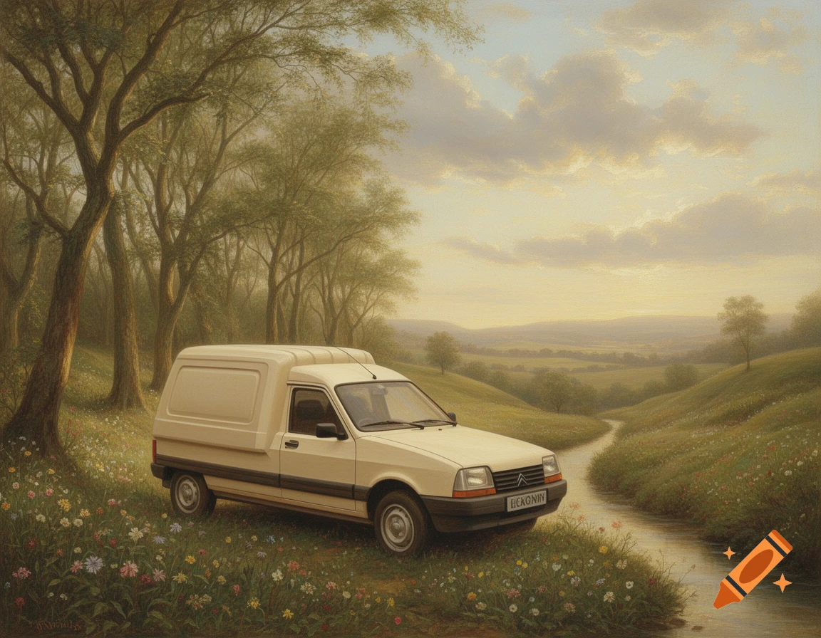 A painterly scene of a cream Citroën van parked by a winding stream in a lush forest with wildflowers, under a soft, golden sky.