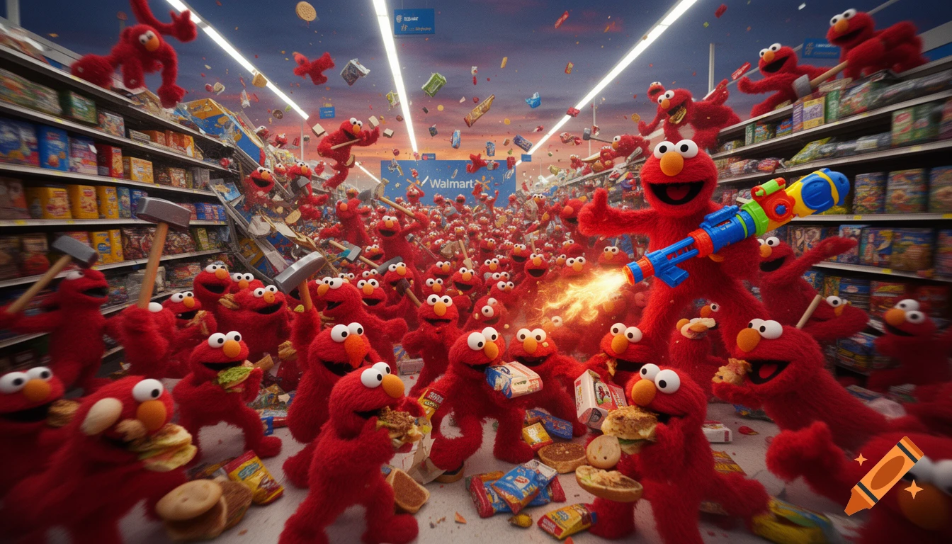 A huge crowd of red Elmo characters riot in a Walmart, smashing shelves with hammers and bats, eating food, with one Elmo holding a flamethrower.