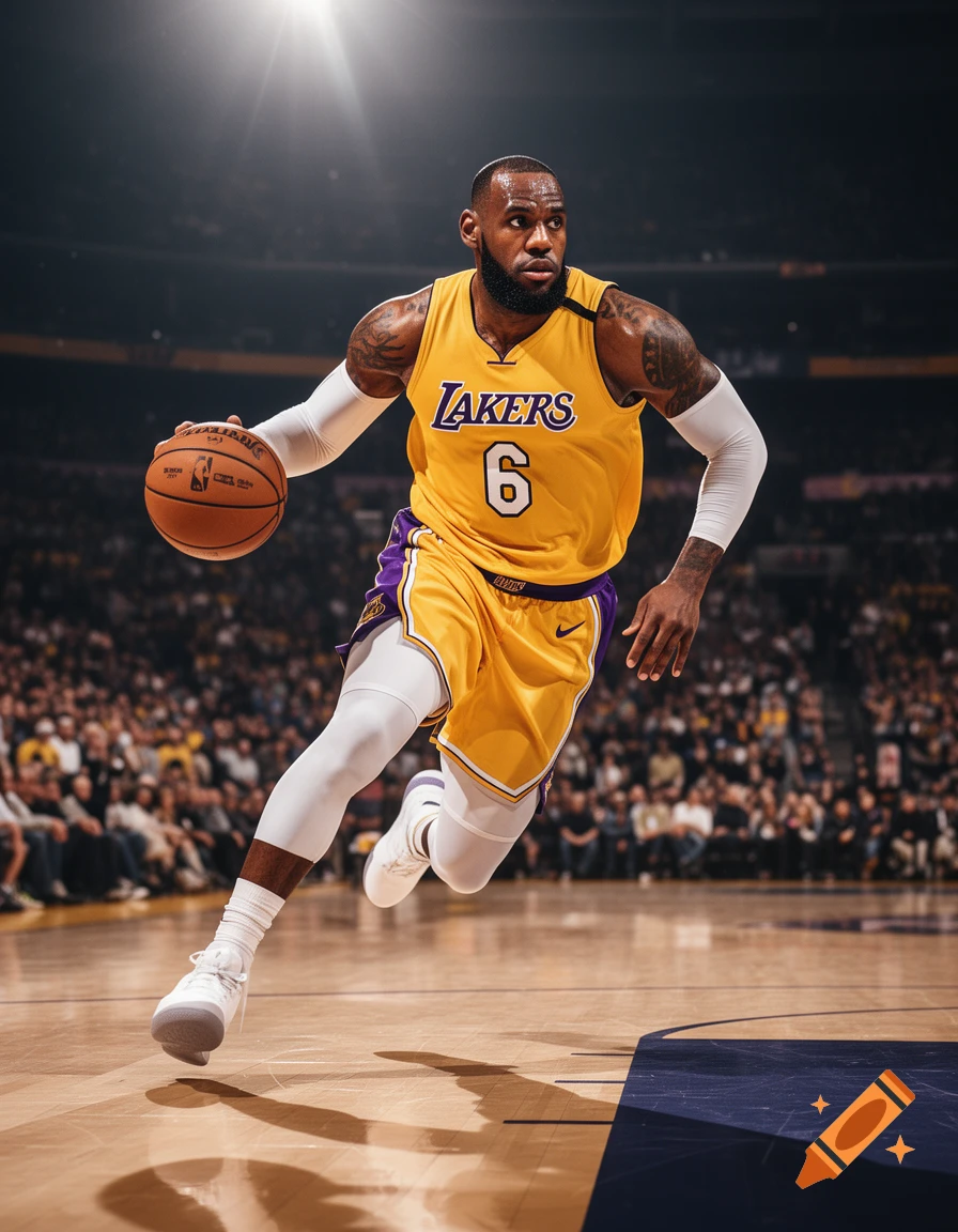 LeBron James dribbling a basketball in a gold and purple Lakers uniform on a basketball court during a game.
