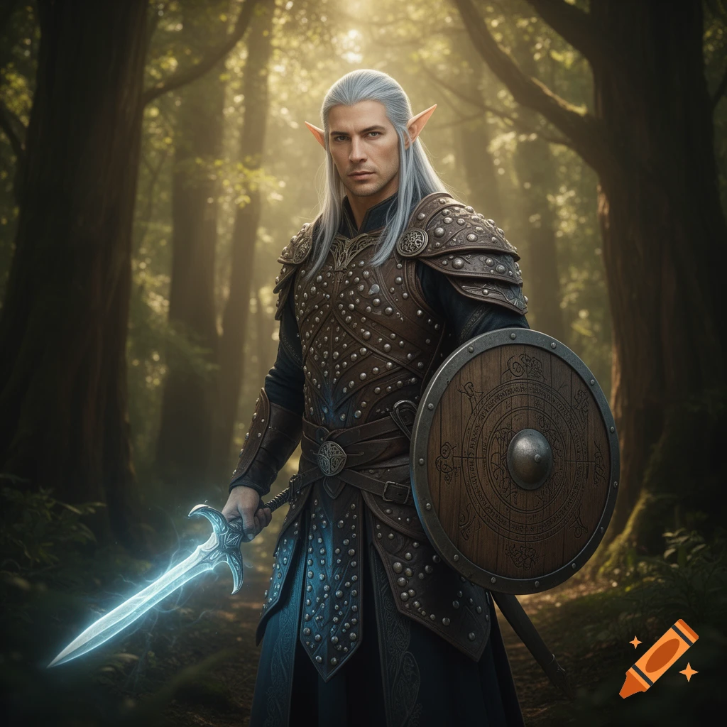 A white-haired male high elf warrior with pointed ears, wearing studded leather armor, holding a glowing sword and shield in a mystical forest.