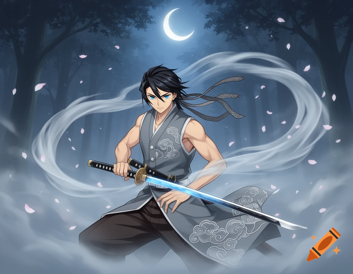 Anime male demon slayer in a night forest, holding a glowing sword amidst mist and falling petals, under a crescent moon.