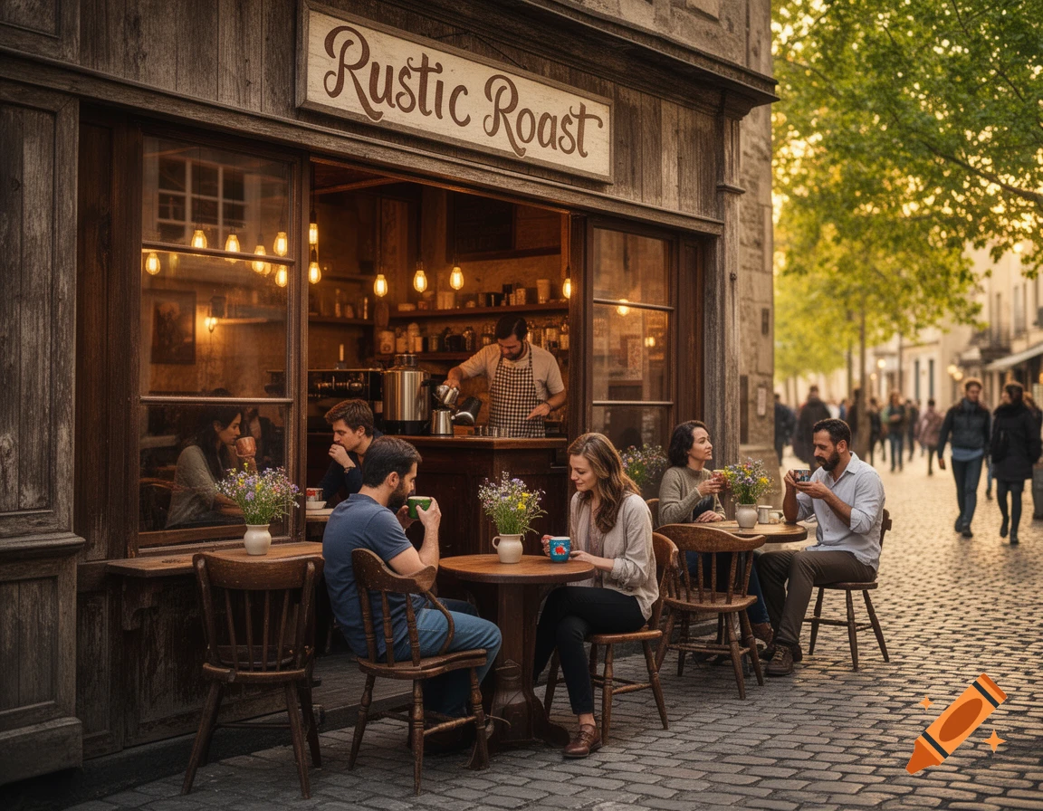A photorealistic image of a rustic coffee shop named "Rustic Roast" with patrons sitting at outdoor tables on a cobblestone street.