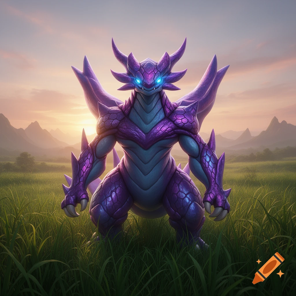A muscular purple and blue monster with glowing blue eyes and horns stands in a grassy field at sunset, resembling a powerful Pokemon.