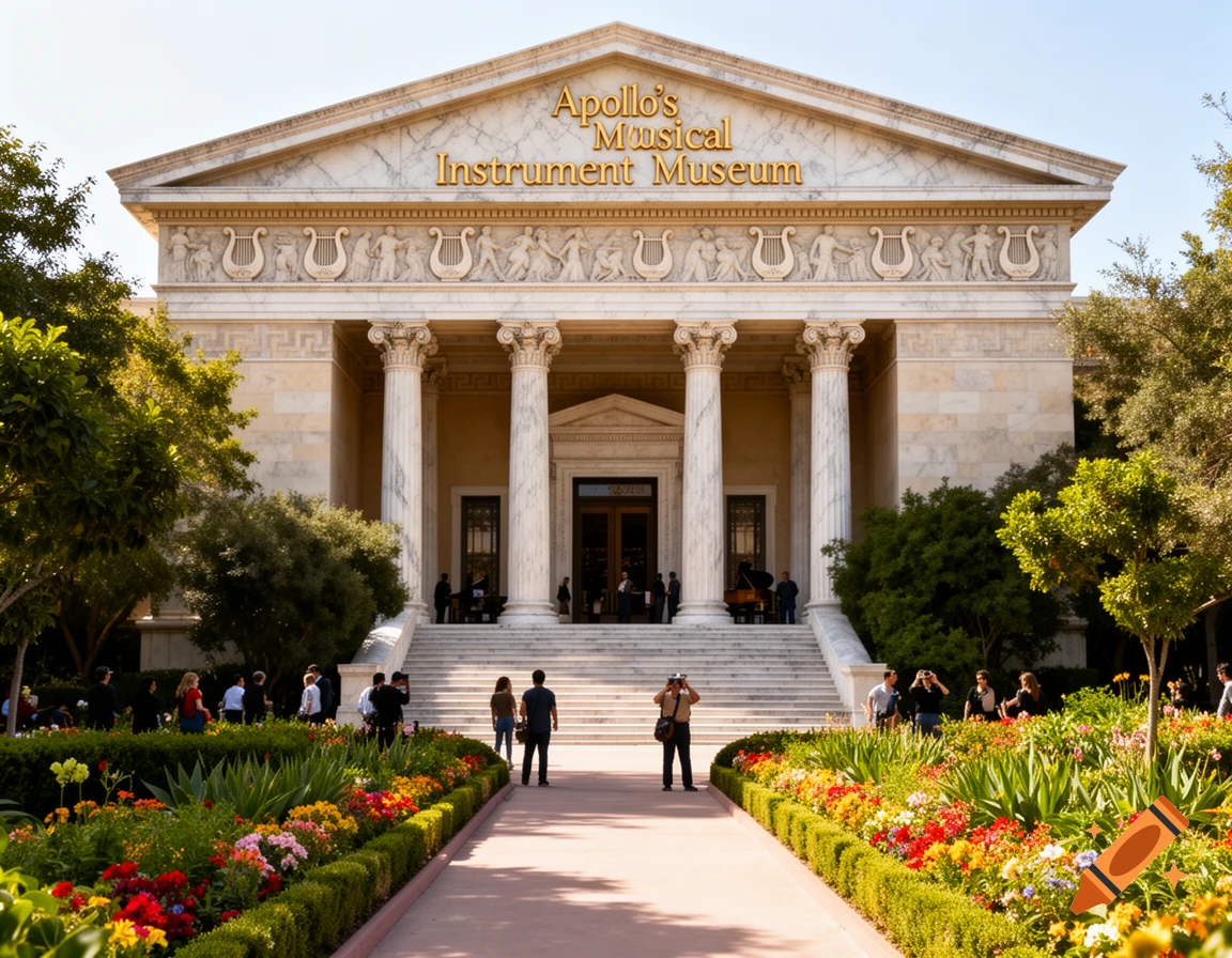 A grand classical-style building, Apollo's Musical Instrument Museum, with columns, a pediment, and vibrant gardens with visitors.