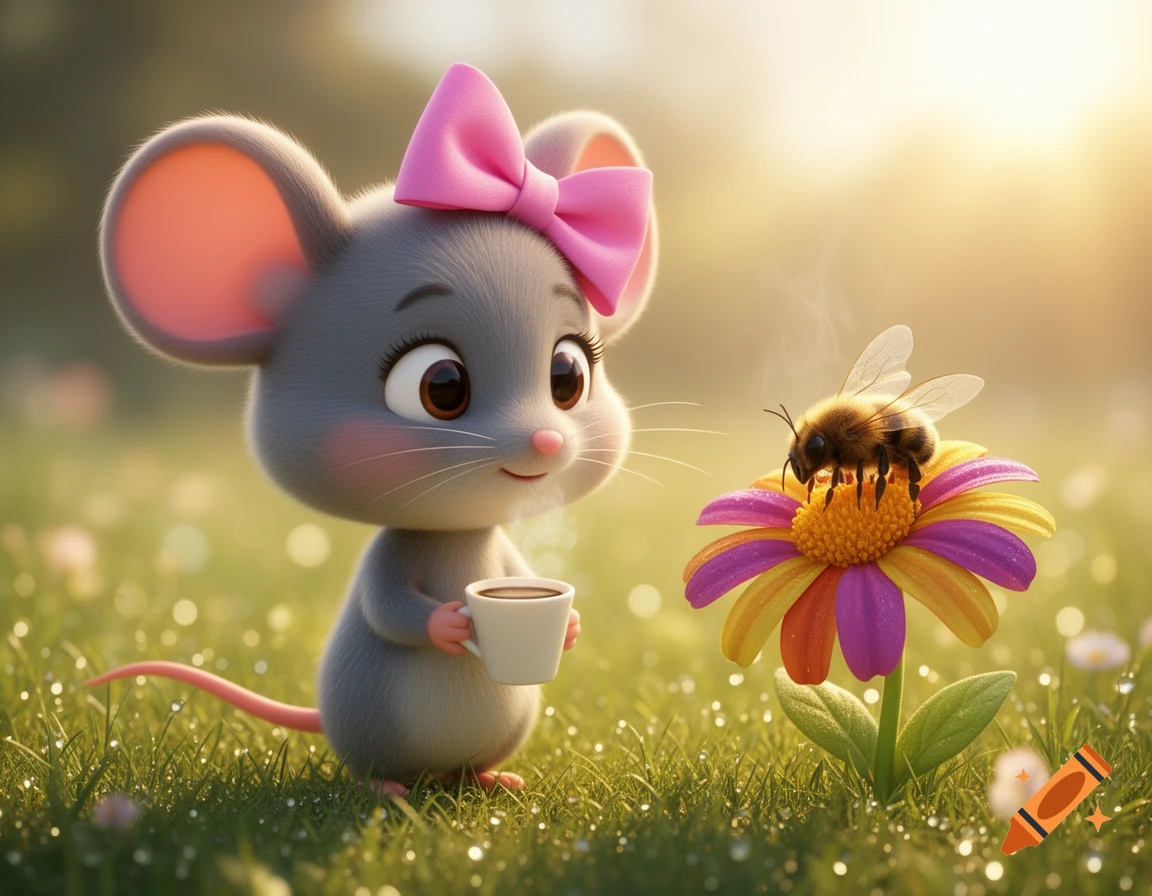 A cute 3D cartoon mouse with a pink bow holds a coffee cup in a sunny meadow, greeting a bee on a colorful flower.