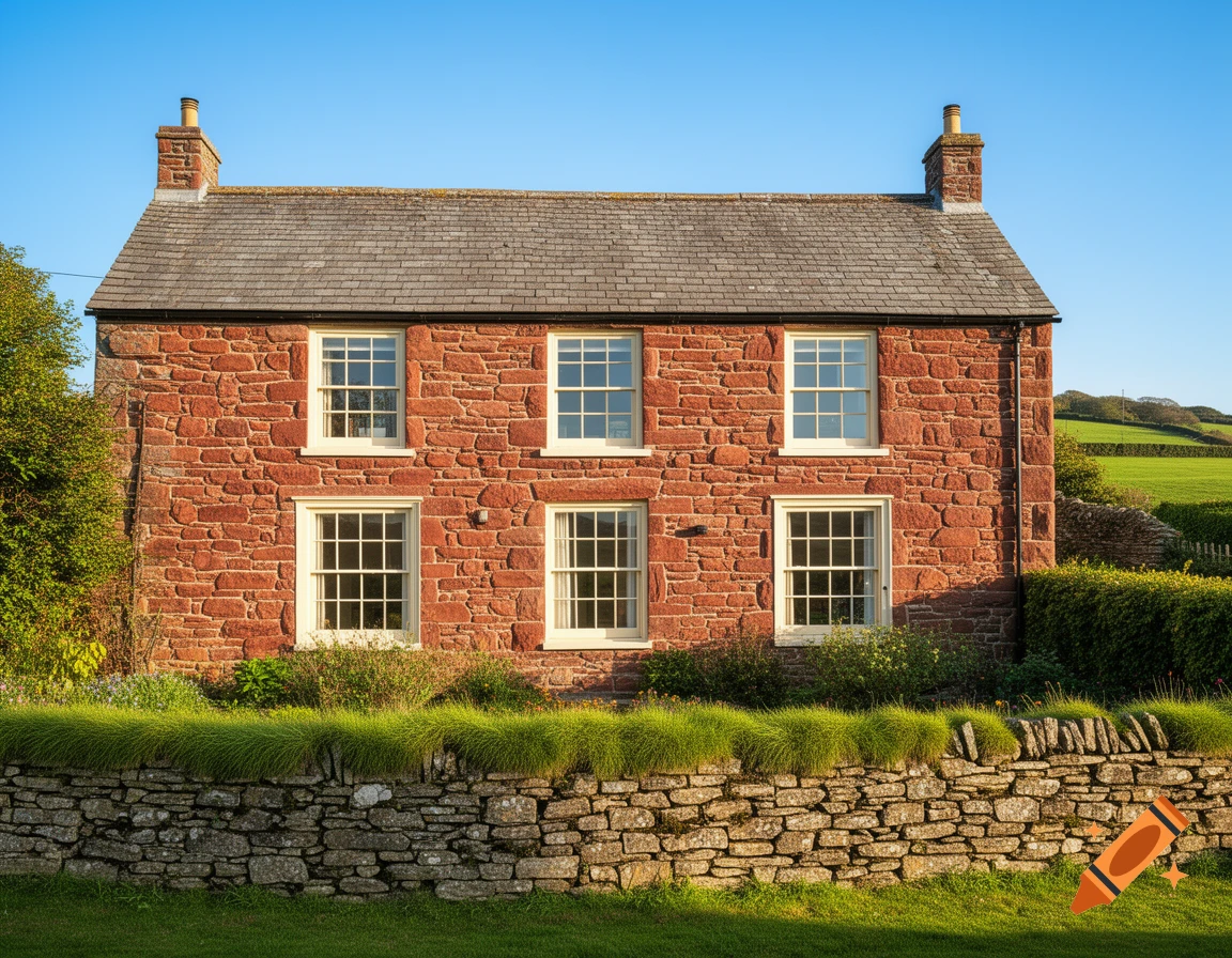 A rustic red sandstone cottage with Georgian sash windows and a slate roof, behind a drystone wall topped with grass, under a clear blue sky.
