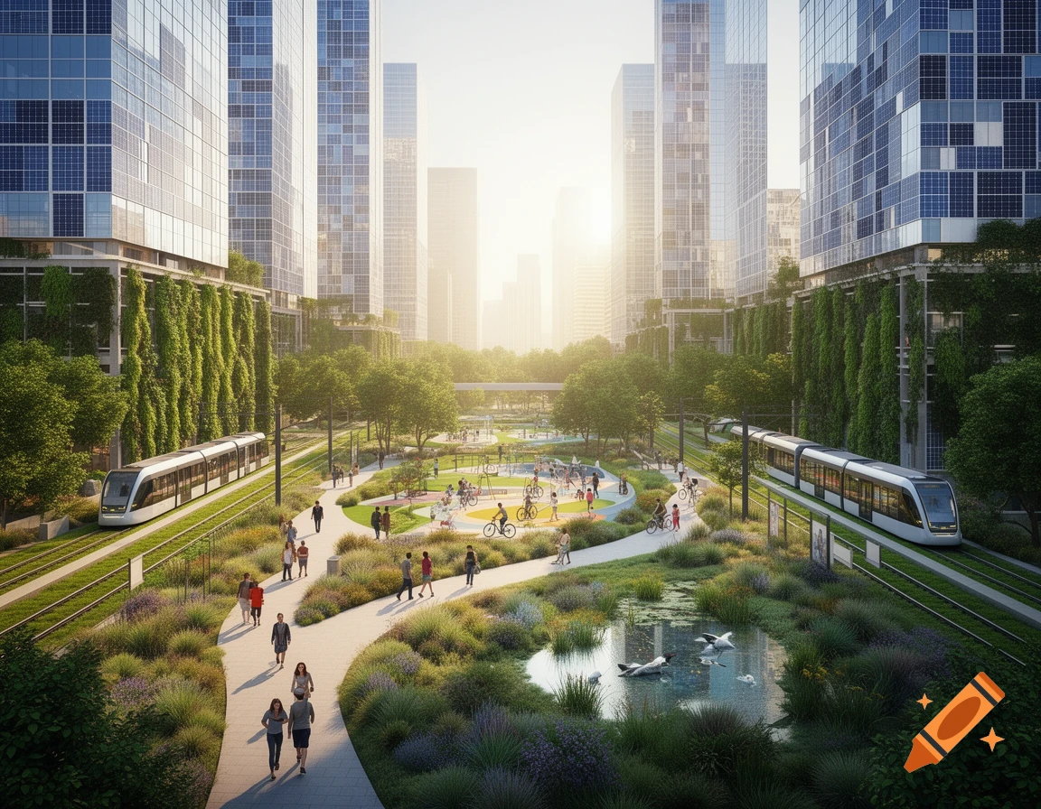 Photorealistic depiction of a modern eco-city with skyscrapers featuring solar panels, lush green walls, parks, pathways, and trams.