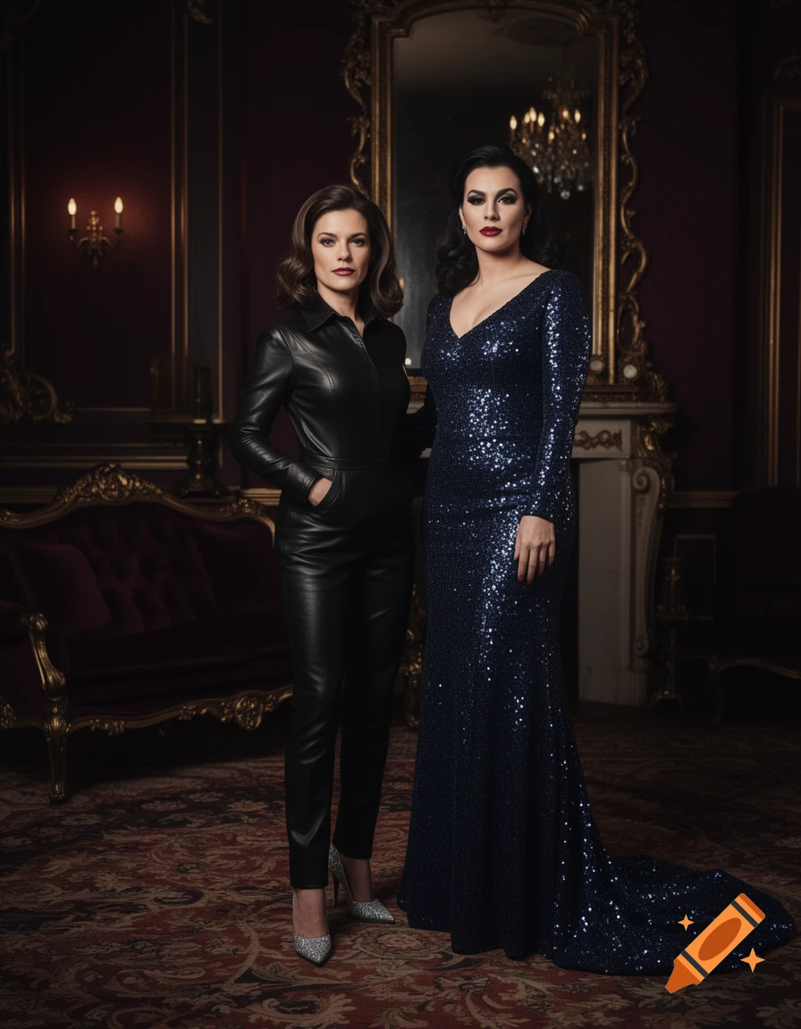 Two women in formal attire, one in a black leather jumpsuit, the other in a navy sequined gown, stand in an ornate room.