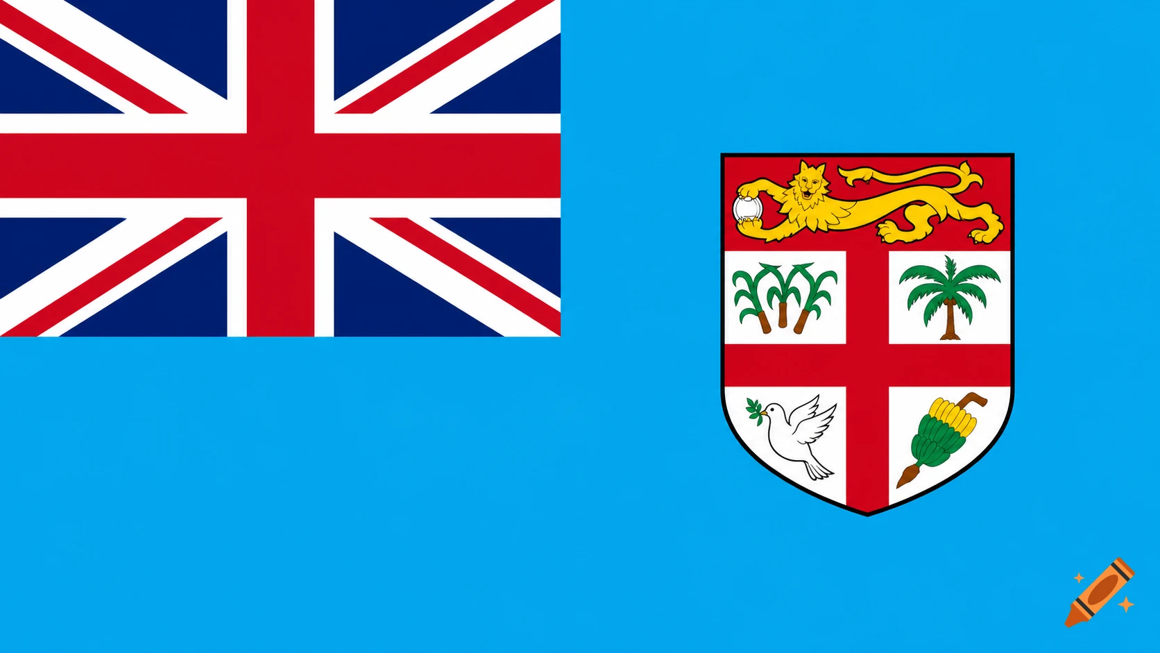 Flag of Fiji with a light blue field, the Union Jack in the canton, and the national coat of arms on the fly side.
