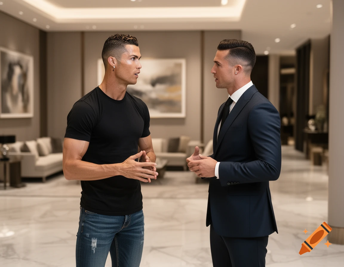 Two men resembling Cristiano Ronaldo, one in a black t-shirt and jeans, the other in a dark suit, talk in a luxurious, modern lobby.