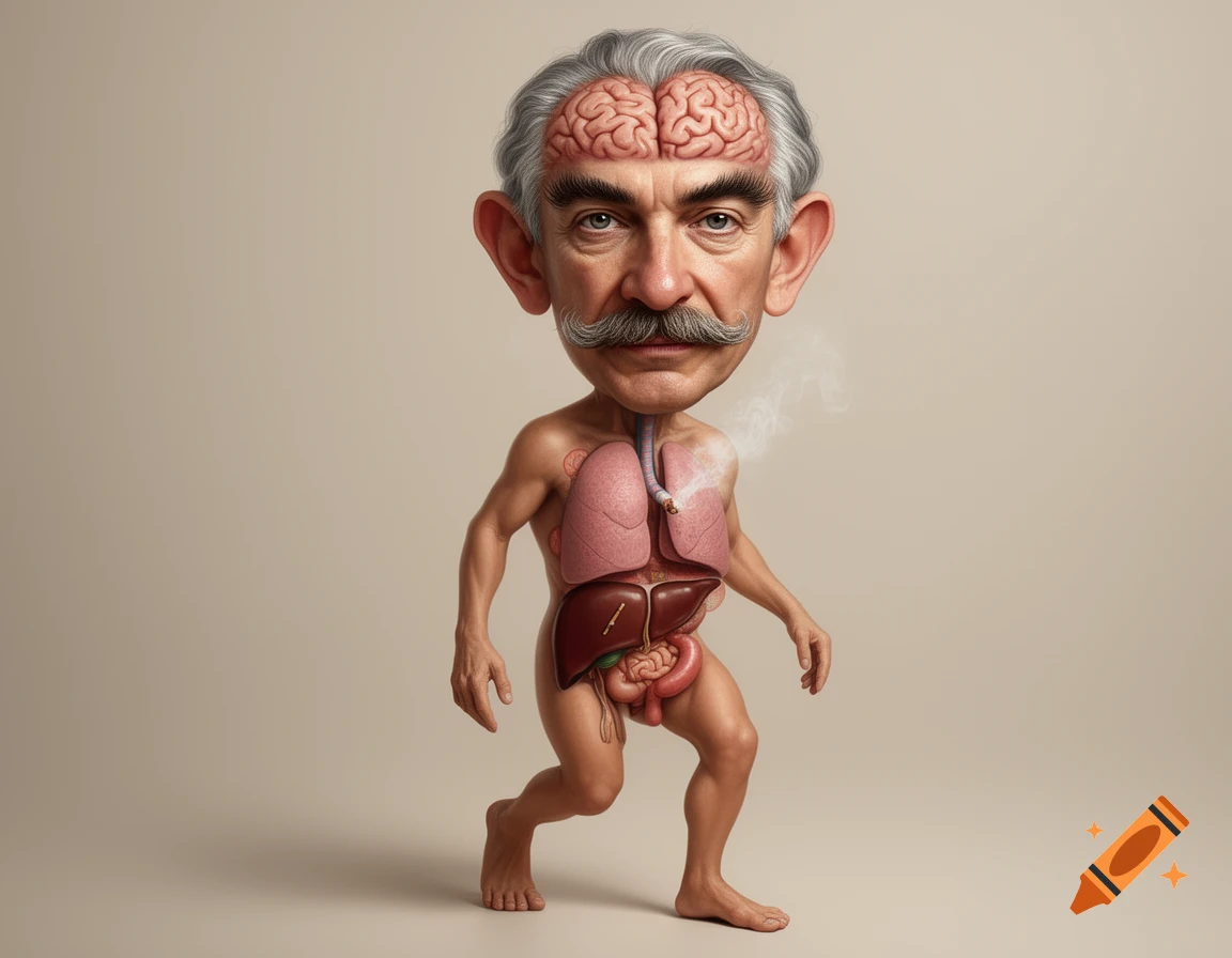 Caricature of a man with an exaggerated head showing his brain, a mustache, and exposed internal organs like lungs and liver, with smoke from the lungs.