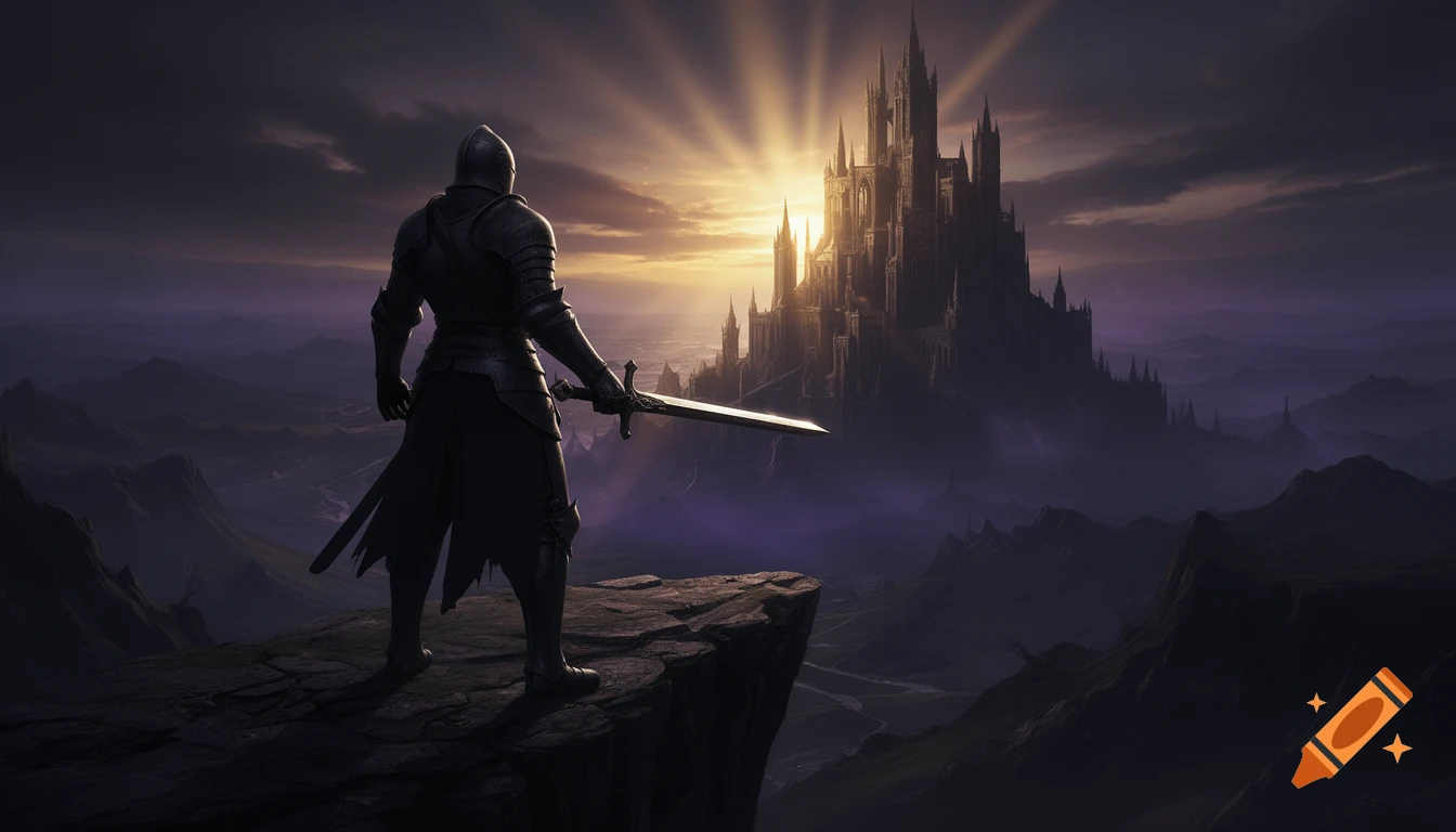 A knight in dark armor stands on a cliff, overlooking a vast dark fantasy landscape with a gothic castle and sun rays at dawn.