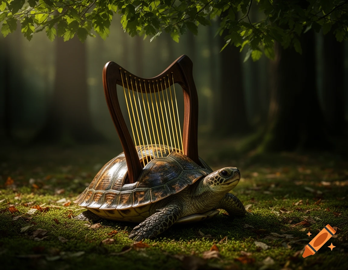 A turtle with a harp as its shell rests on a mossy forest floor, bathed in sunbeams filtering through overhead leaves. Photorealistic.