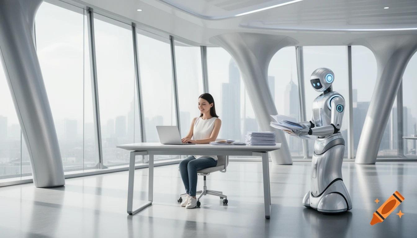 A woman works on a laptop at a desk in a bright, futuristic office. A silver robot stands nearby, organizing papers. Photorealistic.