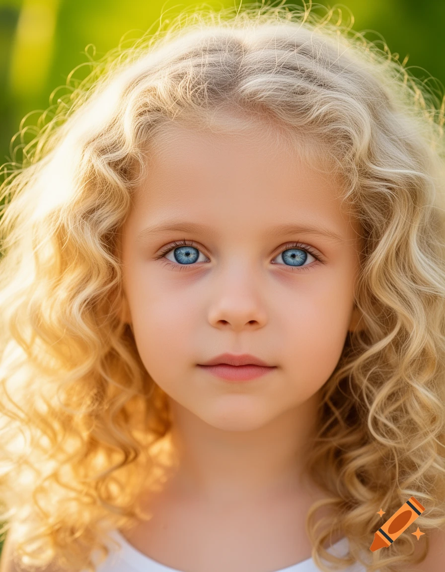 Close-up portrait of a young girl with blonde curly hair and striking blue eyes, set against a blurred green background.