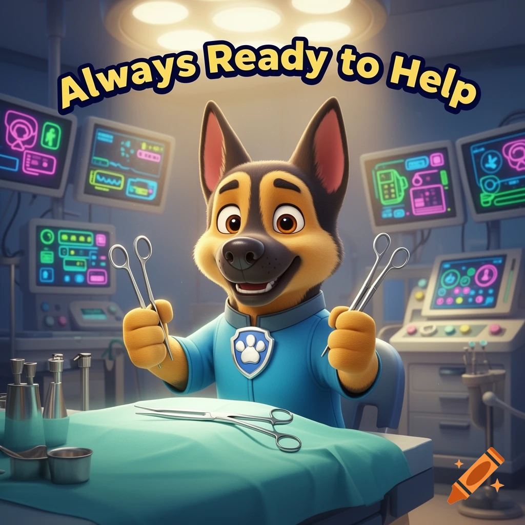 Animated German Shepherd dog, Chase from Paw Patrol, as a surgeon holding surgical instruments in an operating room. Text reads 'Always Ready to Help'.