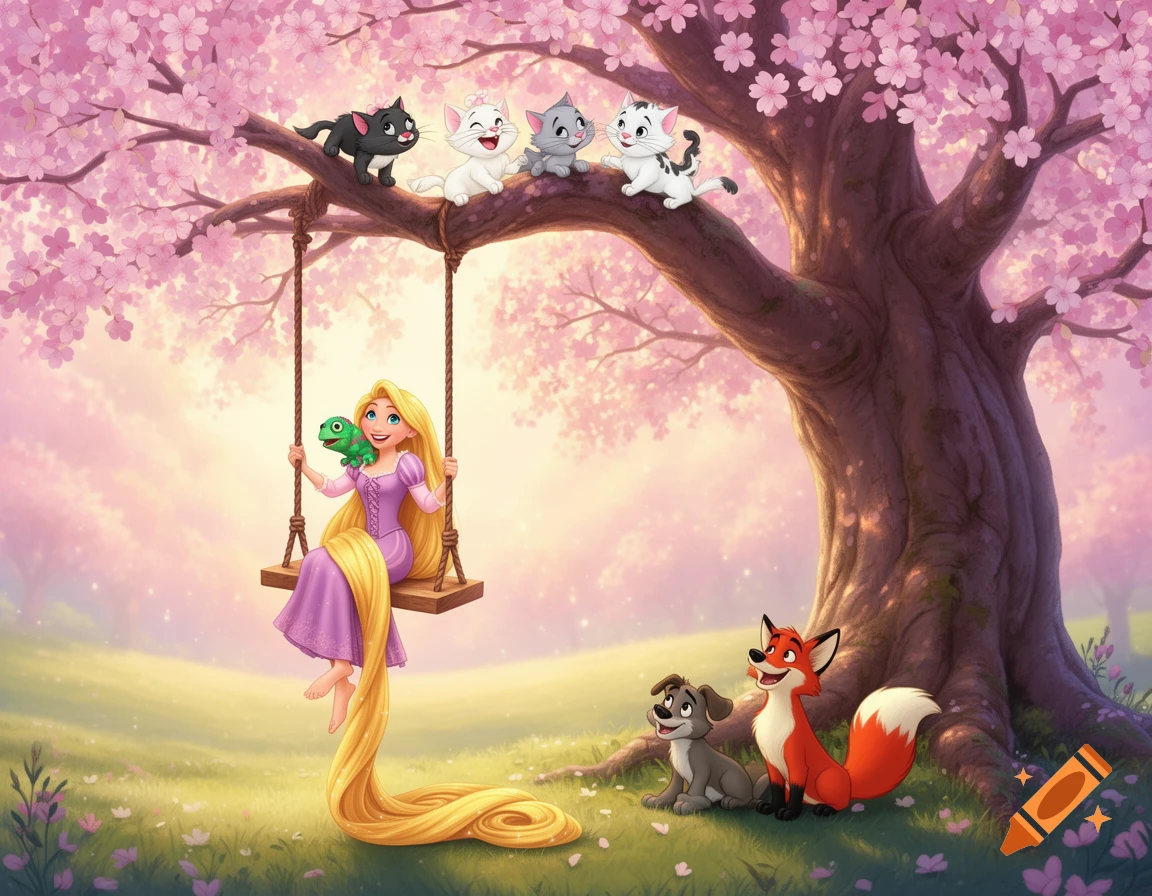 Rapunzel on a swing with Pascal, kittens, Tod, and Copper under a cherry blossom tree in Disney animation style.