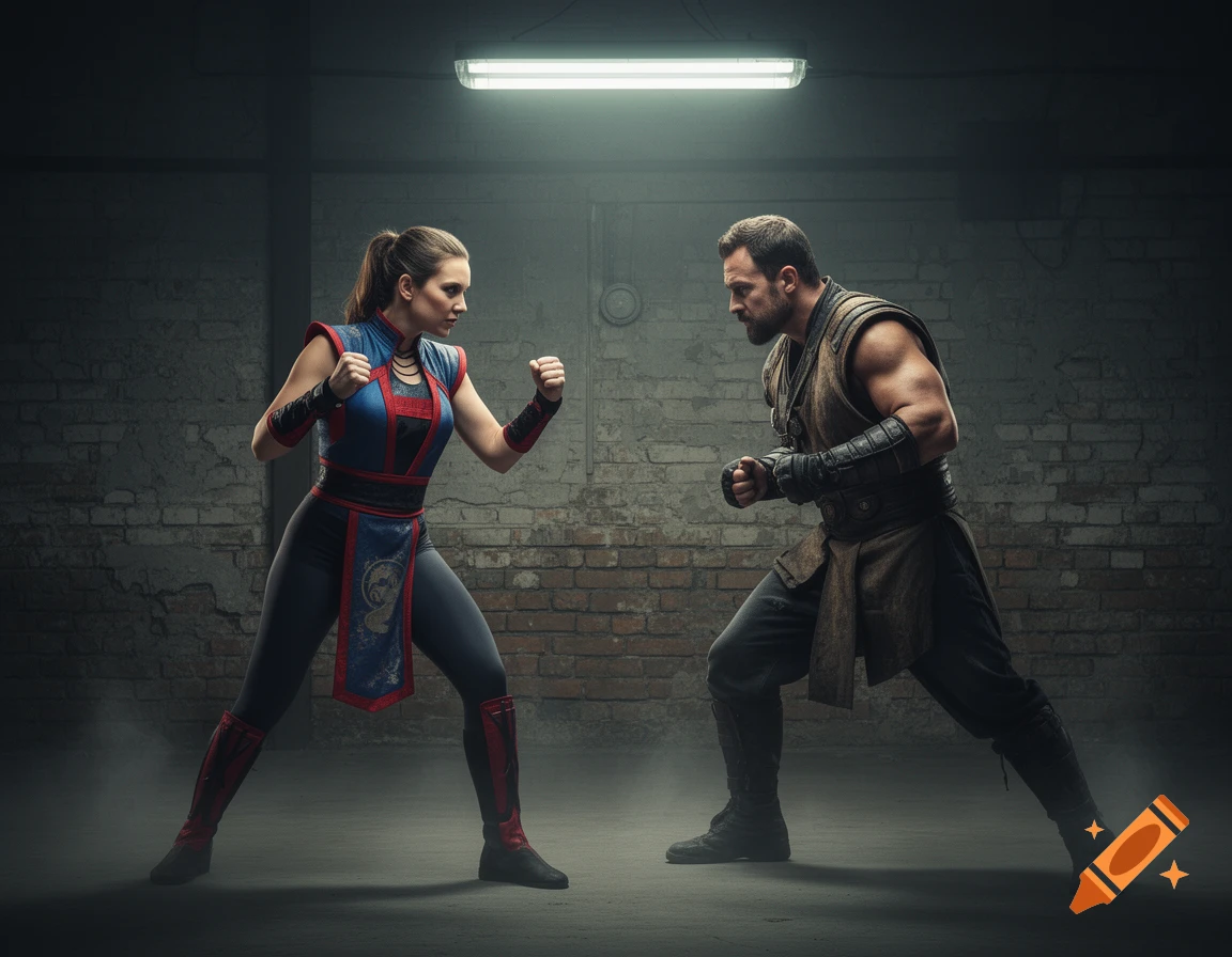 A man and woman in fantasy martial arts attire pose to fight in a dimly lit, gritty room, photorealistic.
